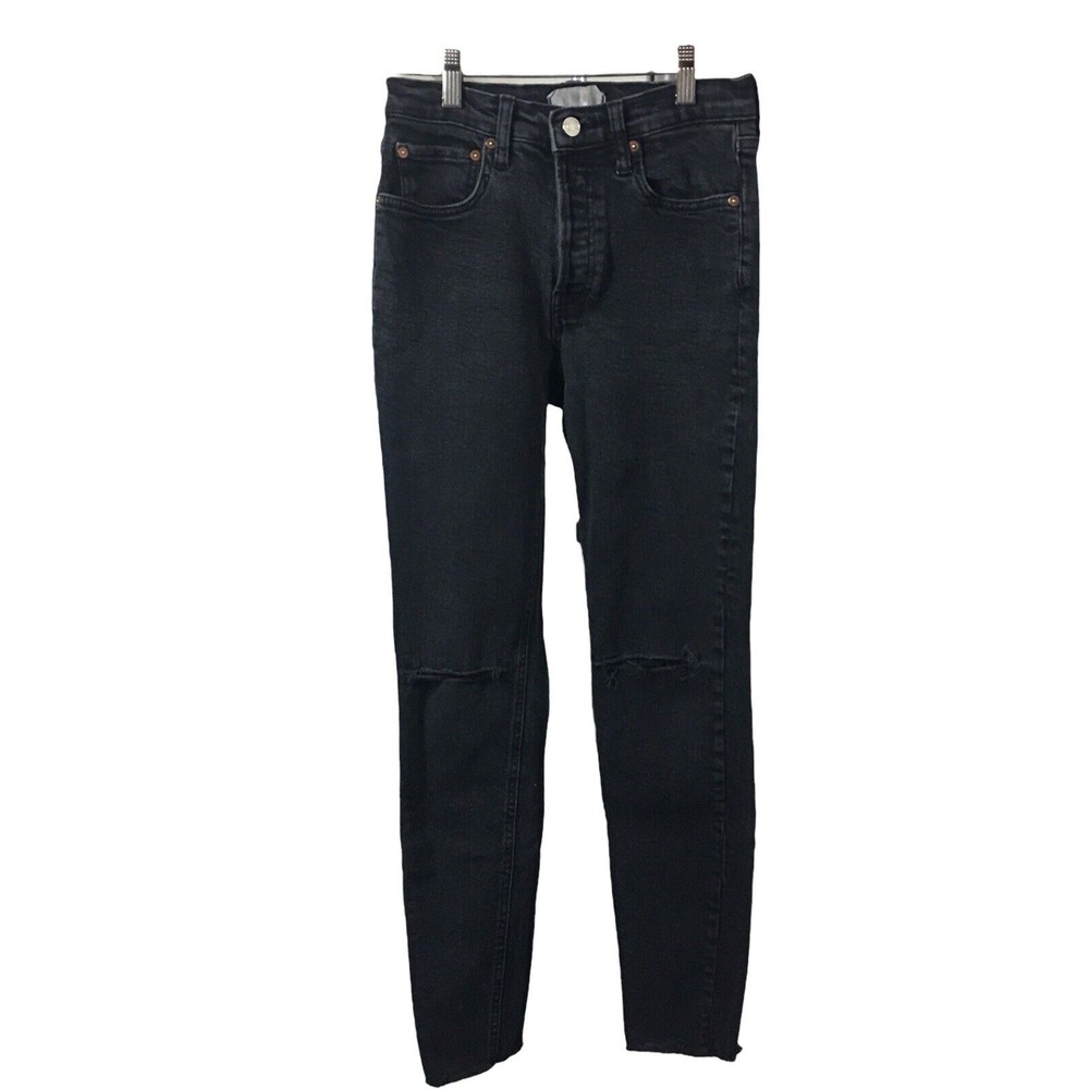 We The Free People Stella Skinny Fit Jeans 26 Black Button Fly Raw Hem High Rise